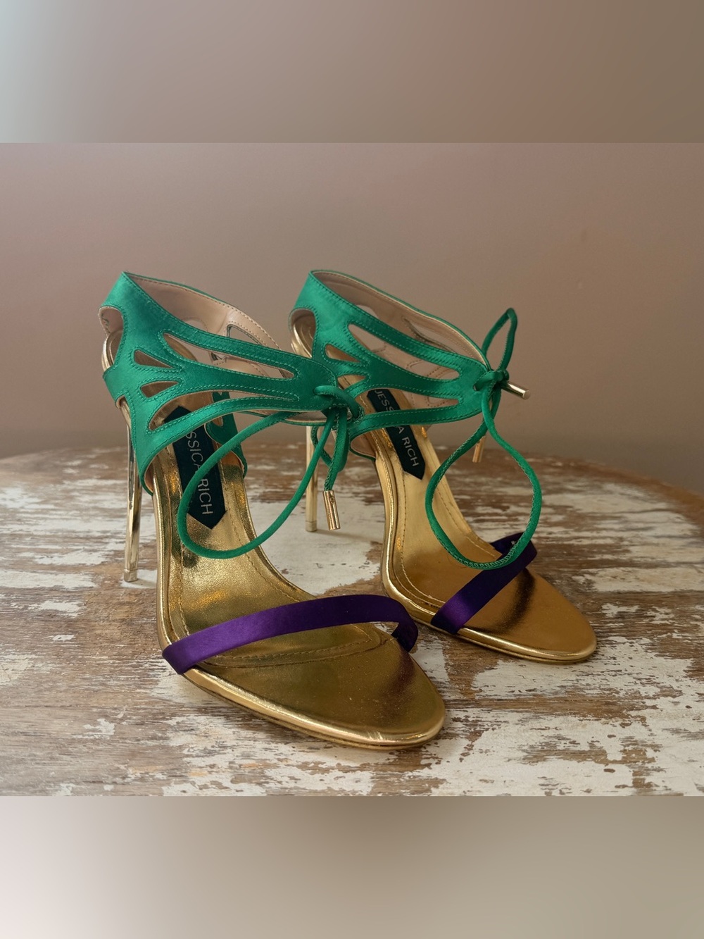 New Without Box Jessica Rich Green & Purple Lace-Up Gold Stiletto Sandal